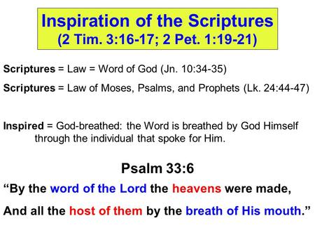Inspiration of the Scriptures (2 Tim. 3:16-17; 2 Pet. 1:19-21) Scriptures = Law = Word of God (Jn. 10:34-35) Scriptures = Law of Moses, Psalms, and Prophets.