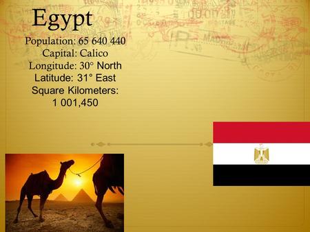 Egypt Population: 65 640 440 Capital: Calico Longitude: 30° North Latitude: 31° East Square Kilometers: 1 001,450.