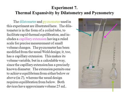Experiment 7. Thermal Expansivity by Dilatometry and Pycnometry The dilatometer and pycnometer used in this experiment are illustrated here. The dila-