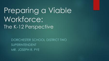 Preparing a Viable Workforce: The K-12 Perspective DORCHESTER SCHOOL DISTRICT TWO SUPERINTENDENT MR. JOSEPH R. PYE.