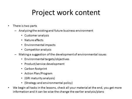 Project work content There is two parts – Analyzing the existing and future business environment Customer analysis Nature affects Environmental impacts.