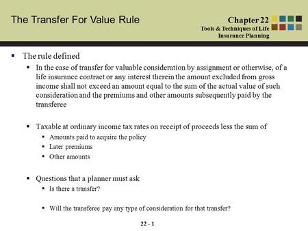 Cash and Cash Equivalents Chapter 1 Tools & Techniques of Investment Planning The Transfer For Value Rule Chapter 22 Tools & Techniques of Life Insurance.