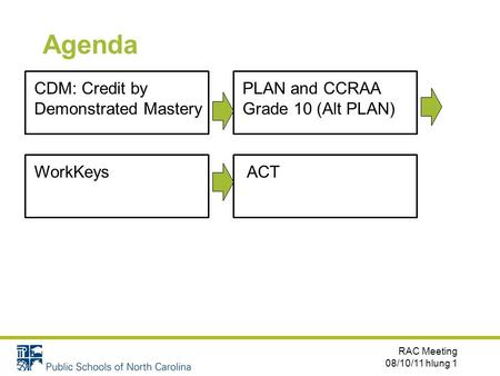 Agenda RAC Meeting 08/10/11 hlung 1 CDM: Credit by Demonstrated Mastery PLAN and CCRAA Grade 10 (Alt PLAN) ACTWorkKeys.