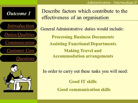 Outcome 1 Administration – Intermediate II Communication Customer Care Questions Duties/Qualities Introduction Describe factors which contribute to the.