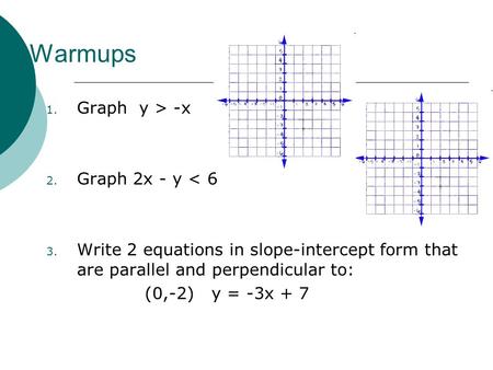 Warmups 1. Graph y > -x 2. Graph 2x - y < 6 3. Write 2 equations in slope-intercept form that are parallel and perpendicular to: (0,-2) y = -3x + 7.