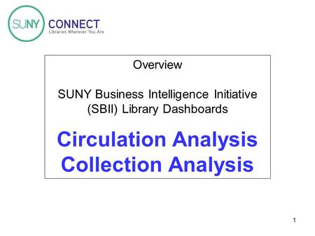 1 Overview SUNY Business Intelligence Initiative (SBII) Library Dashboards Circulation Analysis Collection Analysis.
