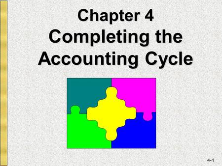 4-1 Chapter 4 Completing the Accounting Cycle 4-2 LEARNING OBJECTIVES 1.State all the steps in the accounting cycle. 2.Explain the purposes of closing.
