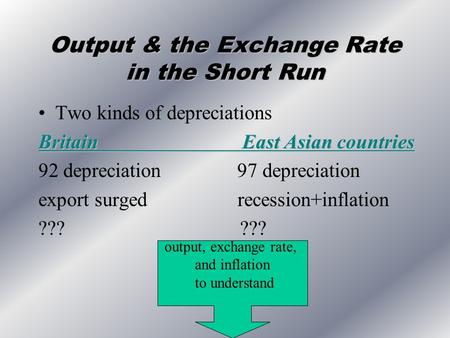 Output & the Exchange Rate in the Short Run Two kinds of depreciations Britain East Asian countries 92 depreciation 97 depreciation export surged recession+inflation.
