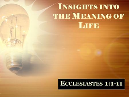 I NSIGHTS INTO THE M EANING OF L IFE E CCLESIASTES 1:1-11.