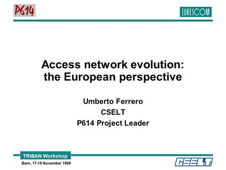 TRIBAN Workshop Bern, 17-19 November 1998 Access network evolution: the European perspective Umberto Ferrero CSELT P614 Project Leader.