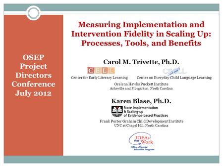 Measuring Implementation and Intervention Fidelity in Scaling Up: Processes, Tools, and Benefits Carol M. Trivette, Ph.D. Karen Blase, Ph.D. Frank Porter.