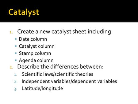 1. Create a new catalyst sheet including  Date column  Catalyst column  Stamp column  Agenda column 2. Describe the differences between: 1. Scientific.