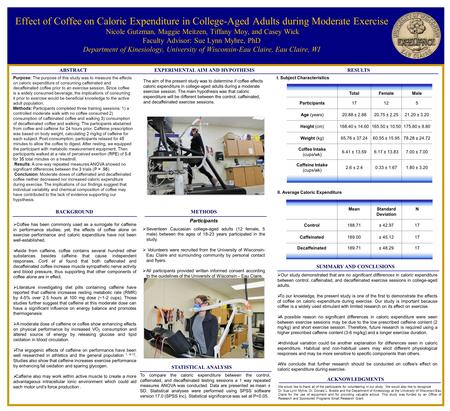 Effect of Coffee on Caloric Expenditure in College-Aged Adults during Moderate Exercise Nicole Gutzman, Maggie Meitzen, Tiffany Moy, and Casey Wick Faculty.