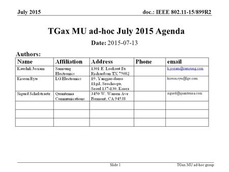 Doc.: IEEE 802.11-15/899R2 July 2015 TGax MU ad-hoc groupSlide 1 TGax MU ad-hoc July 2015 Agenda Date: 2015-07-13 Authors: