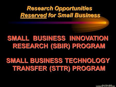 Research Opportunities Reserved for Small Business Reserved for Small Business SMALL BUSINESS INNOVATION RESEARCH (SBIR) PROGRAM SMALL BUSINESS TECHNOLOGY.