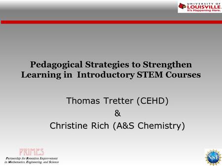 Pedagogical Strategies to Strengthen Learning in Introductory STEM Courses Thomas Tretter (CEHD) & Christine Rich (A&S Chemistry) Partnership for Retention.
