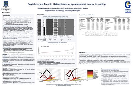 English versus French: Determinants of eye movement control in reading Sébastien Miellet, Cyril Pernet, Patrick J. O’Donnell, and Sara C. Sereno Department.