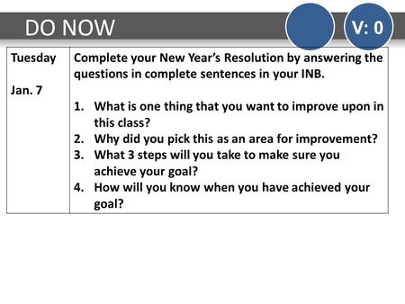 DO NOW V: 0 Tuesday Jan. 7 Complete your New Year’s Resolution by answering the questions in complete sentences in your INB. What is one thing that you.