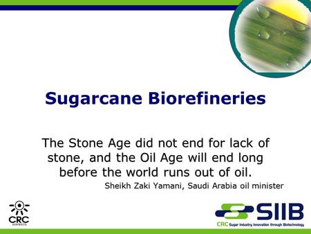 Sugarcane Biorefineries The Stone Age did not end for lack of stone, and the Oil Age will end long before the world runs out of oil. Sheikh Zaki Yamani,
