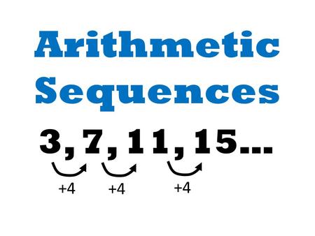 Arithmetic Sequences 3, 7, 11, 15… +4. 3, 7, 11, 15… +4 Common difference is +4. If there is a constant common difference, the sequence is an Arithmetic.