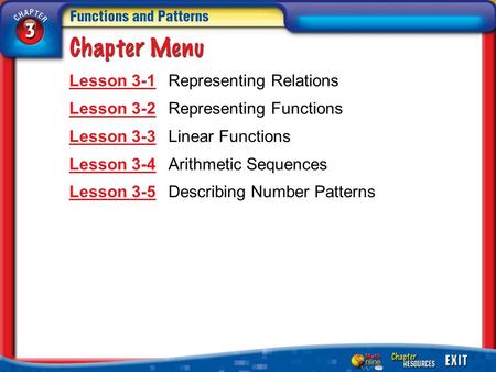 Lesson 3-1 Representing Relations Lesson 3-2 Representing Functions