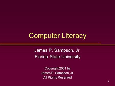 1 Computer Literacy James P. Sampson, Jr. Florida State University Copyright 2001 by James P. Sampson, Jr. All Rights Reserved.