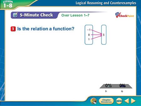 Over Lesson 1–7 A.A B.B 5-Minute Check 1 Is the relation a function?