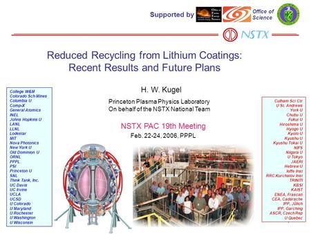 HWK NSTX PAC19, Feb. 22-24, 2006 1 Reduced Recycling from Lithium Coatings: Recent Results and Future Plans Supported by Office of Science Culham Sci Ctr.