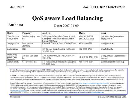 Doc.: IEEE 802.11-06/1726r2 Submission Jan. 2007 Lei Du, DoCoMo Beijing LabsSlide 1 QoS aware Load Balancing Date: 2007-01-09 Notice: This document has.