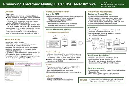 Preserving Electronic Mailing Lists: The H-Net Archive H-Net Mapped to the OAIS Model Preservation AssessmentPreservation improvementsOverview How H-Net.