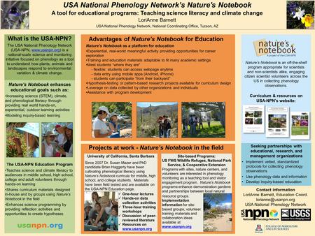 USA National Phenology Network’s Nature's Notebook A tool for educational programs: Teaching science literacy and climate change LoriAnne Barnett USA National.