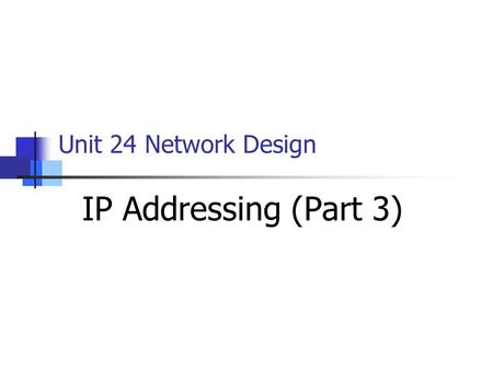 Unit 24 Network Design IP Addressing (Part 3). Objectives to date… Classes of IP addresses (A, B and C) Using Subnetting and Subnet Masks The Limitations.