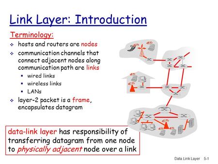 Data Link Layer5-1 Link Layer: Introduction Terminology:  hosts and routers are nodes  communication channels that connect adjacent nodes along communication.