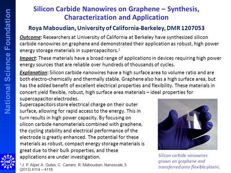National Science Foundation Silicon Carbide Nanowires on Graphene – Synthesis, Characterization and Application Roya Maboudian, University of California-Berkeley,