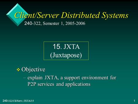 240-322 Cli/Serv.: JXTA/151 Client/Server Distributed Systems v Objective –explain JXTA, a support environment for P2P services and applications 240-322,