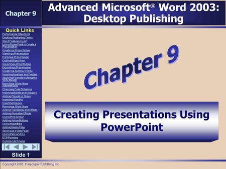 Chapter 9 Quick Links Slide 1 Performance Objectives Desktop Publishing Terms Word Features Used Using PowerPoint to Create a Presentation Creating a Presentation.