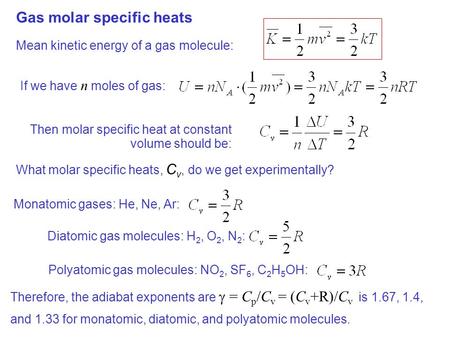 Gas molar specific heats Mean kinetic energy of a gas molecule: If we have n moles of gas: Then molar specific heat at constant volume should be: What.