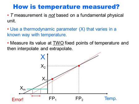 How is temperature measured? T measurement is not based on a fundamental physical unit. Use a thermodynamic parameter (X) that varies in a known way with.