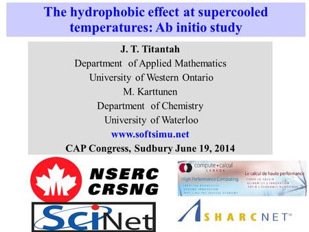 The hydrophobic effect at supercooled temperatures: Ab initio study J. T. Titantah Department of Applied Mathematics University of Western Ontario M. Karttunen.