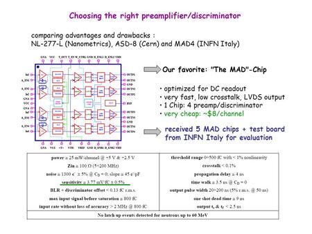 Choosing the right preamplifier/discriminator comparing advantages and drawbacks : NL-277-L (Nanometrics), ASD-8 (Cern) and MAD4 (INFN Italy) Our favorite: