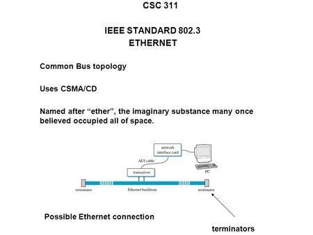 CSC 311 IEEE STANDARD 802.3 ETHERNET Common Bus topology Uses CSMA/CD Named after “ether”, the imaginary substance many once believed occupied all of space.