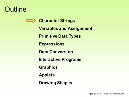 Outline Character Strings Variables and Assignment Primitive Data Types Expressions Data Conversion Interactive Programs Graphics Applets Drawing Shapes.