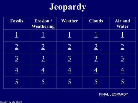 Jeopardy FossilsErosion / Weathering WeatherCloudsAir and Water 11111 22222 33333 44444 55555 Created by Ms. Karol FINAL JEOPARDY.
