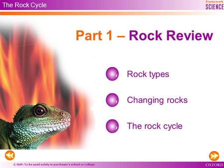 © OUP: To be used solely in purchaser’s school or college Part 1 – Rock Review Rock types Changing rocks The rock cycle The Rock Cycle.