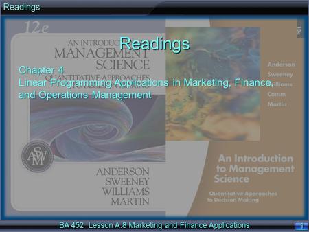 BA 452 Lesson A.8 Marketing and Finance Applications 1 1ReadingsReadings Chapter 4 Linear Programming Applications in Marketing, Finance, and Operations.