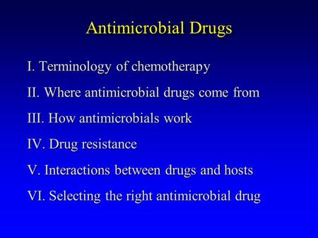 Antimicrobial Drugs I. Terminology of chemotherapy II. Where antimicrobial drugs come from III. How antimicrobials work IV. Drug resistance V. Interactions.