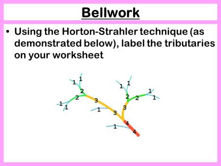 Bellwork Using the Horton-Strahler technique (as demonstrated below), label the tributaries on your worksheet.