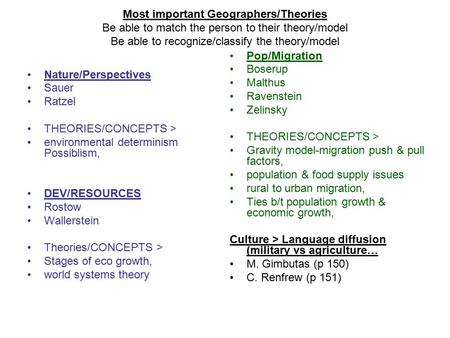Most important Geographers/Theories Be able to match the person to their theory/model Be able to recognize/classify the theory/model Pop/Migration Boserup.