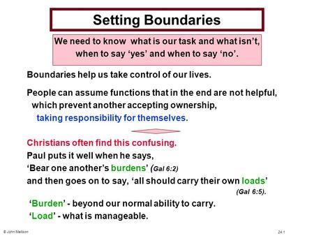 © John Mallison 24.1 Setting Boundaries We need to know what is our task and what isn’t, when to say ‘yes’ and when to say ‘no’. Boundaries help us take.
