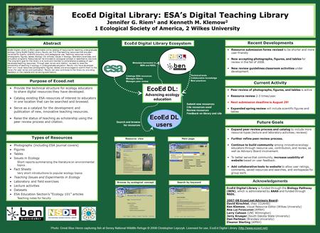Purpose of Ecoed.net Provide the technical structure for ecology educators to share digital resources they have developed. Catalog existing ESA resources.